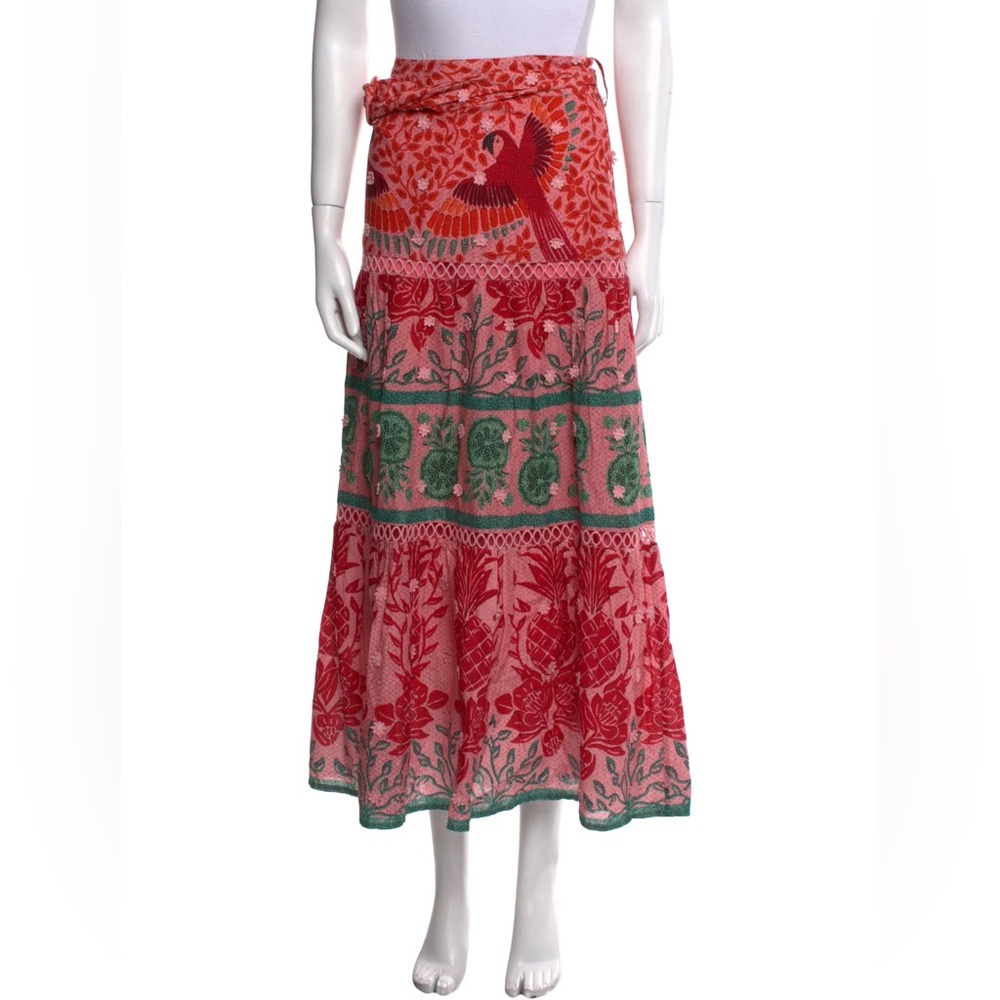 Farm Rio Pink Ainika Print Macaws Maxi Skirt Belted